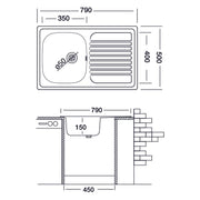 Recessed stainless steel tub kitchen sink 50x79 cm right drainer