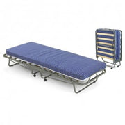 Single foldable painted steel base with wheels and 15 wooden slats