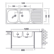 Two bowls kitchen sink with right drip in steel 50x120 cm