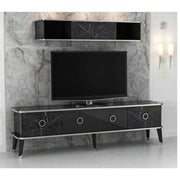 TV stand with wall unit Bientv 180 black marble effect and silver details