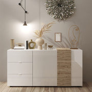 Sabry sideboard 2 doors 3 drawers glossy white Kadiz oak