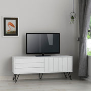 White TV Stand with Flip-Down Doors - 57cm H x 139cm W x 36cm D