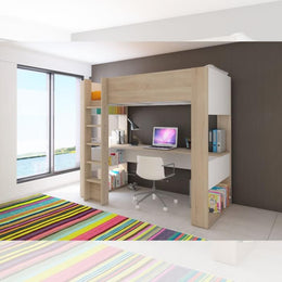 Bedroom 1652 with loft bed and desk below in white and oak
