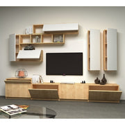 Equipped wall with four flaps and six wall units White Oak DOMINO 280x35x h 40-50 cm