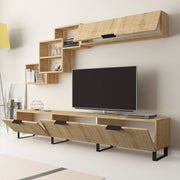 Storage wall with 3 flaps with exposed oak wall units 210x35xh.40 cm