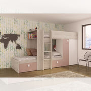 Bedroom 1262 with bunk bed with two drawers and wardrobe in worn white and antique pink