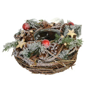 Snow covered candle holder with red berries and pine cones cm ø18h11