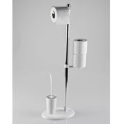 Floor Standing Toilet Roll Holder - White Aluminum with Plastic Brush Holder - 27 x 19 x 69 cm