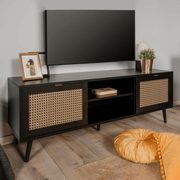 Vienna56A TV stand with 2 doors and black open compartment with wicker effect fronts