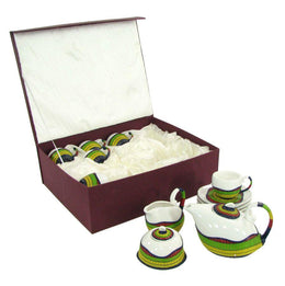 Tea cups with teapot and multicolor milk jug 9 pieces