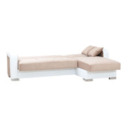 Sofa bed in white eco-leather and beige fabric with right peninsula 240x140xh.88 cm