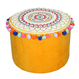 Pouf in yellow orange velvet with pompom
