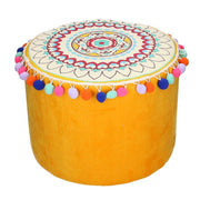 Pouf in yellow orange velvet with pompom