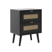 Vienna61A bedside table with 2 black drawers with wicker effect fronts