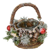 Snow covered candle holder with handle and red berries cm ø16h11-27