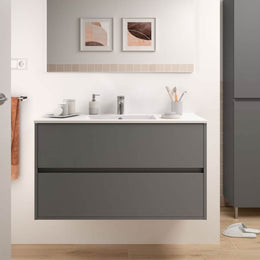 Claros100 matt gray suspended bathroom cabinet with 2-drawer washbasin 100x45x56h
