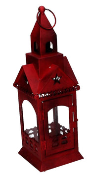 Square red metal lantern 9,5x9,5h30 cm