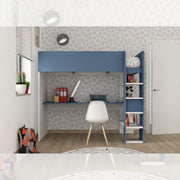 Bedroom 2276 with loft bed with desk below in white and blue