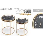 Set of two golden metal coffee tables and clock glass top