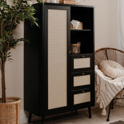 KUTA53 black sideboard with 3 drawers and raffia effect door