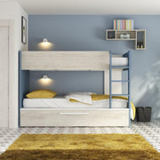 Bedroom with bunk bed with pull-out bed in worn white and reversible blue