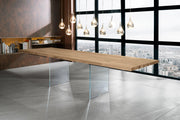 Extendable table in veneered oak and legs in tempered glass 160/240x90x76h cm