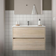 Claros80 caledonian oak suspended bathroom cabinet with 2-drawer washbasin 80x45x56h