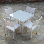 Cream white square polyarattan table with glass 90x90x77h cm