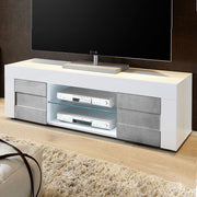 Glossy white TV stand 2 concrete gray doors L.138 P.42 H.44 cm