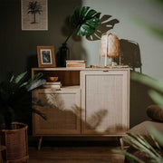 Sideboard with two doors and open compartment with wicker effect BALI 101x40x h87 cm