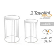 Set of two white metal tables with mirror top