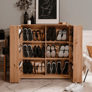 Satos02A oak shoe rack with 2 doors and 8 shelves
