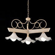 Ivory lacquered wood and iron chandelier with 3 lights decape decoration with plate glass