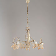 Chandelier in iron ivory gold five lights lampshades in white amber glass 64x h45 cm