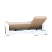 Sofa bed in white eco-leather and beige fabric with right peninsula 240x140xh.88 cm
