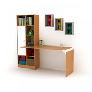 Desk with bamboo color bookcase with white door