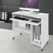 White computer holder with melamine wood wheels H.76x93 x48.5 cm