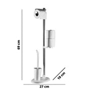 Floor Standing Toilet Roll Holder - White Aluminum with Plastic Brush Holder - 27 x 19 x 69 cm