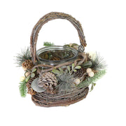 Candle holder with handle, pine cones and white berries cmø16x16h27