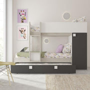 Bedroom with bunk bed and pull-out bed with integrated wardrobe in worn white and anthracite