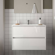 Glossy lacquered white Claros90 suspended bathroom cabinet with 2-drawer washbasin 90x45x56h