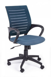 Blue office chair with wheels and armrests