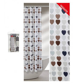 Hearts shower curtain in fabric 240x200 with hooks and band.