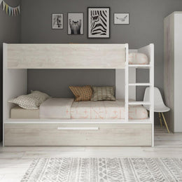 Bedroom with bunk bed with pull-out bed in worn white and reversible white