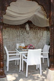 Cream white square polyarattan table with glass 90x90x77h cm