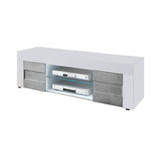 Glossy white TV stand base with 2 concrete gray doors L.138 D.42 H.44 cm