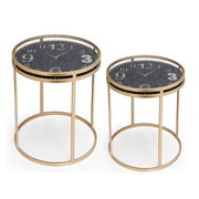 Set of two golden metal coffee tables and clock glass top