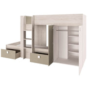 Bedroom 1264 with bunk bed with two chests of drawers and worn white and dove gray wardrobe