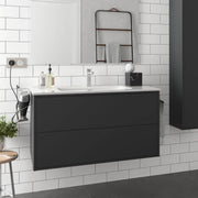 Mango100 matt black suspended bathroom cabinet with 2-drawer washbasin 100x45x54h