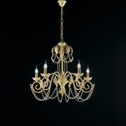 Chandelier in iron ivory decape and gold rhinestone damask five lights 63x h65 cm